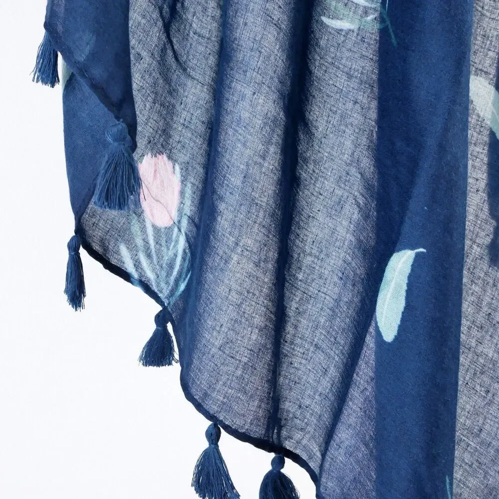 NEW Boho Floral Design Tasseled Rectangle Soft Chic Scarf Large Blue Pink White